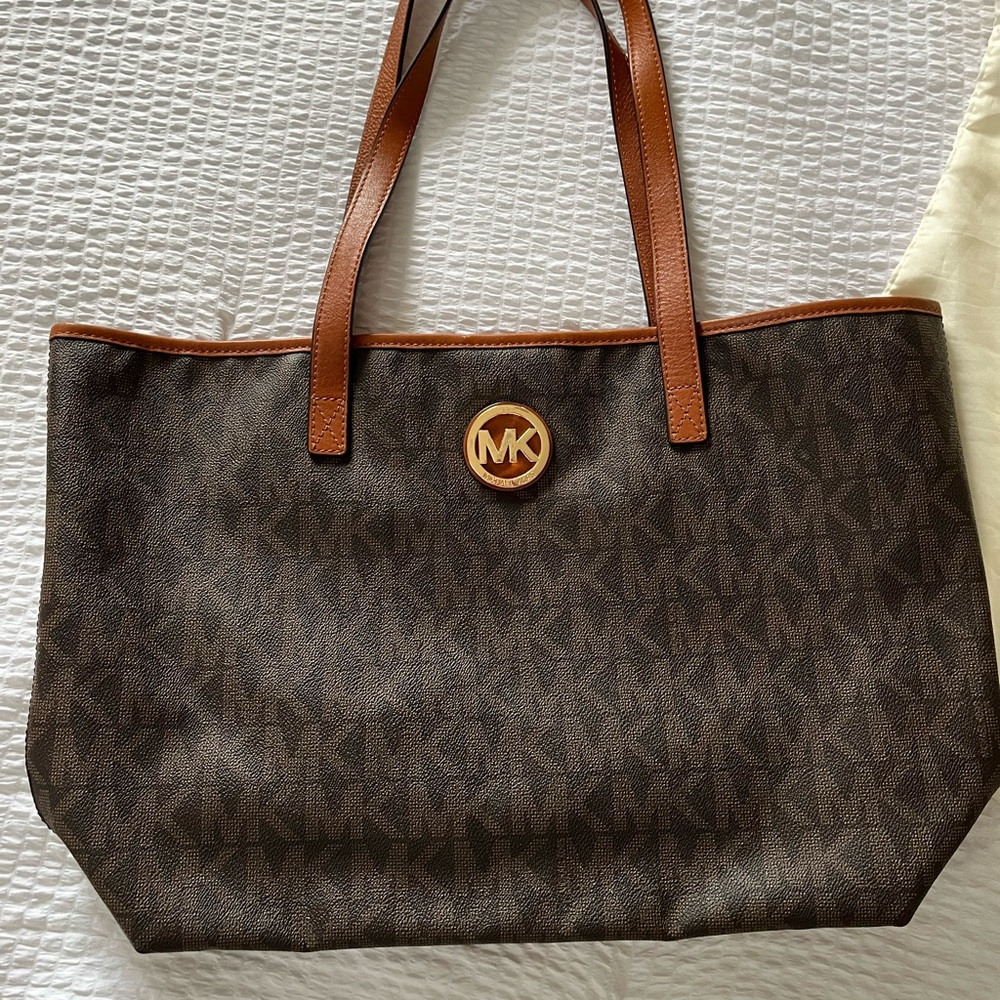 Michael Kors Brown Monogram Tote with Gold Accents